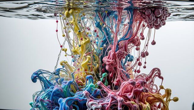 Vibrant paint splashes exploding in air with colorful abstract fluid art for celebration