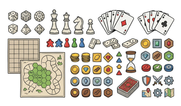 Board game and tabletop gaming doodle collection vector illustration isolated on white background