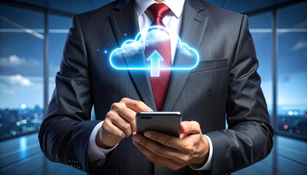 Business professional with tablet projecting glowing cloud hologram, cityscape at dusk backdrop, symbolizing digital connectivity, cloud computing, and modern business solutions.