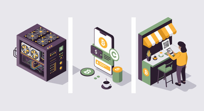 Cryptocurrency Mining and Mobile Payment Process Isometric Vector
