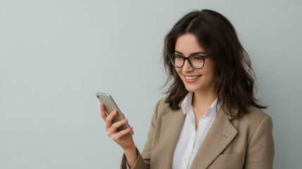 Fototapeta premium Smiling female entrepreneur checking smartphone with confidence and warm expression