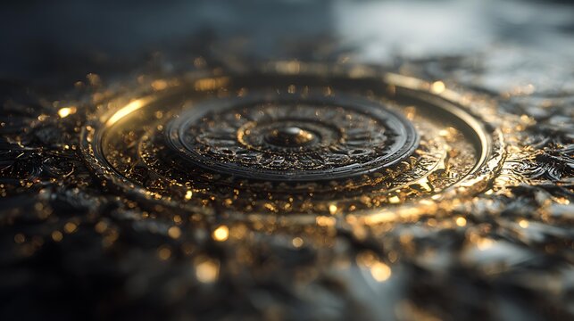 motion blur traces, ultra-high definition, misty haze layer, composed of 24k gold leaf, complex geometry, complementary color palette, illuminated by gentle flickering candle light, centered