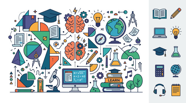 Education and Learning Concept - Brain, Books, Globe, Science, Math Symbols