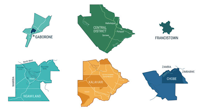 Botswana Map Districts - Gaborone, Central, Francistown, Kgalagadi, Chobe