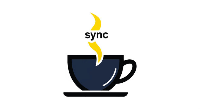 A steaming coffee cup with sync symbol rises from a saucer indoors.