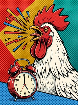 Retro pop art comic illustration of a loud crowing rooster and red alarm clock