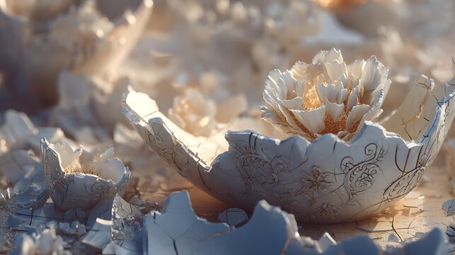 sharp focus, composed of cracked antique porcelain, vray render, evoking a hopeful and bright mood, centered cinematic focus, 8k resolution, clean composition, macro photography, extremely detailed,