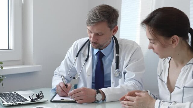 Male doctor writing notes on a clipboard while attentively listening to a female patient during a medical consultation in a hospital office, fostering communication and understanding