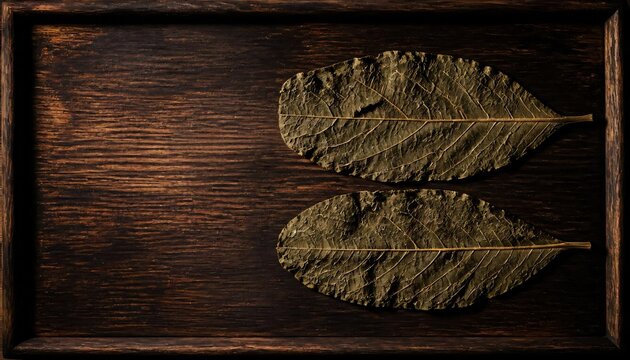 Herbal Tea Advertisement of Crumbled Vidanga Leaves on Rough Oak Wood