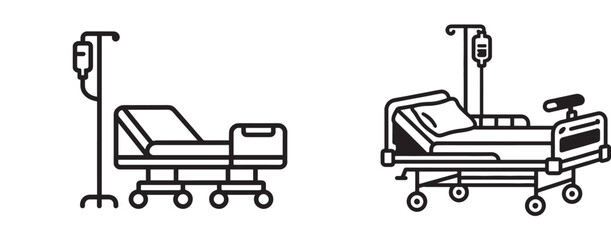Hospital bed icons with IV drip stands and wheels medical equipment vector set for healthcare and patient care © reza