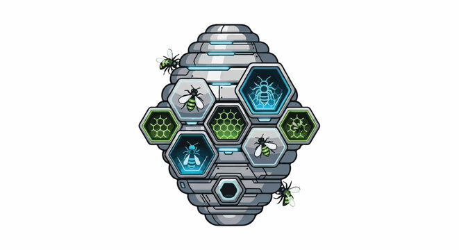 An illustration showcases a detailed beehive with various hexagonal cells containing different symbols and surrounded by buzzing bees.