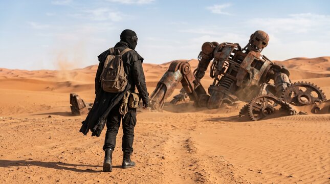 ​A masked nomad with a backpack standing in a vast sandy desert, looking at the giant rusty ruins of a colossal abandoned robot mechanism.