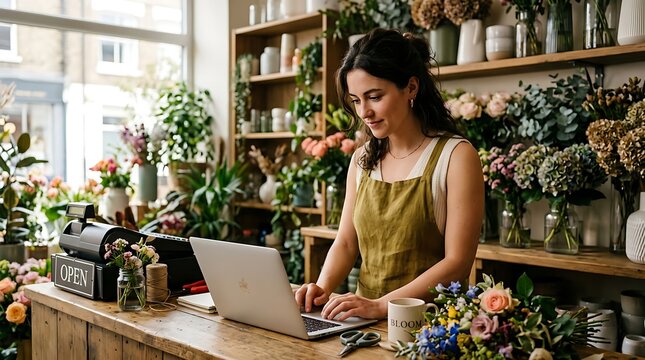 Woman working on laptop in flower shop.