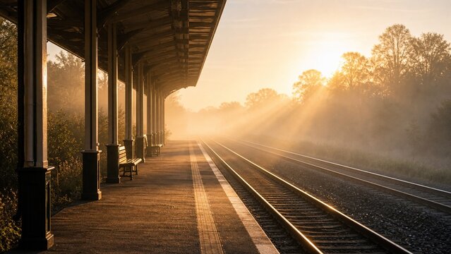 Empty Train Platform in Golden Mist