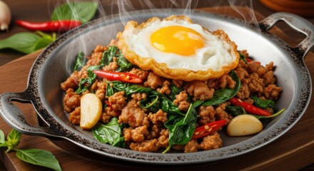 Fototapeta premium A sizzling hot plate of Basil Pork (Pad Kra Pao Moo) with a crispy fried egg on top, served in a rustic metal pan