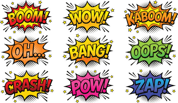 Comic book sound effect collection with colorful starburst backgrounds featuring action words like boom, crash, pow, and zap