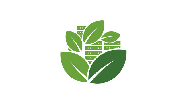 Sustainable data center logo with green leaves and server racks