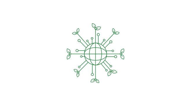 Sustainable green tech globe logo with leaves and circuits