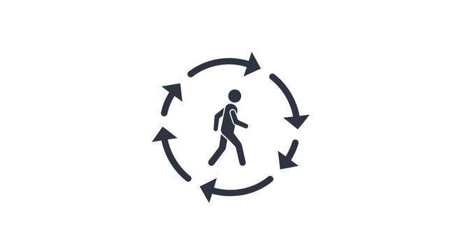 Walking person icon surrounded by circular arrows on white background