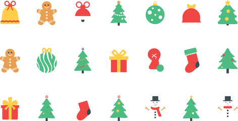 Christmas Flat Icon Set with Holiday Symbols Including Christmas Trees, Gingerbread Men, Gift Boxes, Baubles, and Snowmen for Festive Graphic Designs © Siddika
