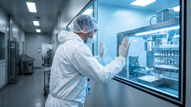 Pharmaceutical technician in a cleanroom suit, with hands pressed against a glass window, looking inside at automated equipment processing vials, sterile laboratory facility, science photography