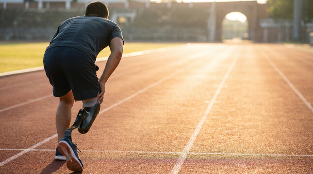 Male para-athlete runner with lower limb blade prosthesis, back view leaning forward, stretching or preparing on red running track lane, sports stadium field during morning golden hour