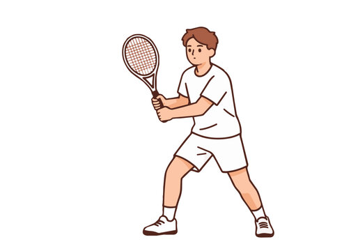 Young tennis player ready to hit the ball, tennis match action, racket sport training, athletic movement, healthy lifestyle, sports competition, flat cartoon illustration, vector character