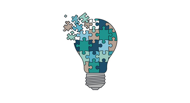 Scattered blue and tan puzzle pieces on a white background