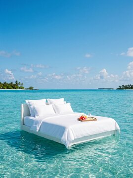 [Generative AI] A bed floating on the emerald sea