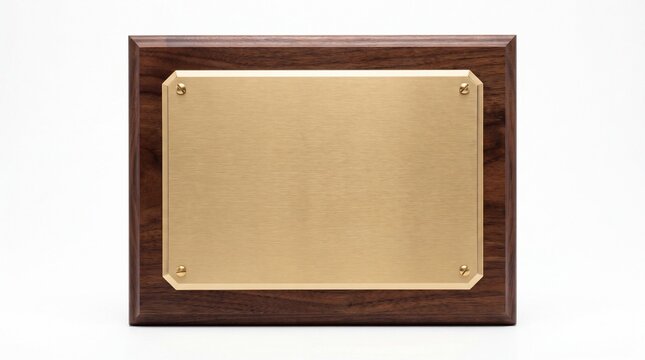 Empty golden metal award plaque mounted on a polished dark wood frame on white background