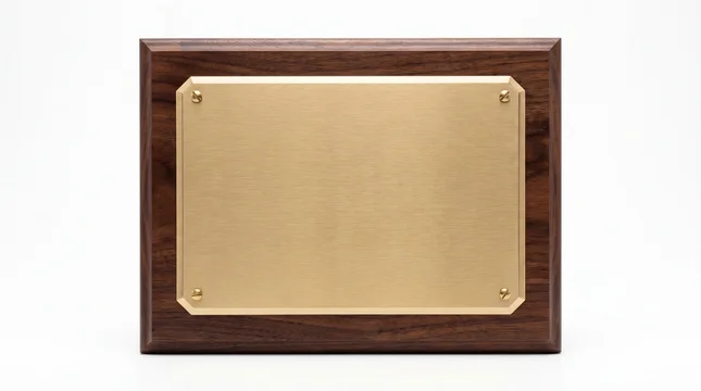 Empty golden metal award plaque mounted on a polished dark wood frame on white background