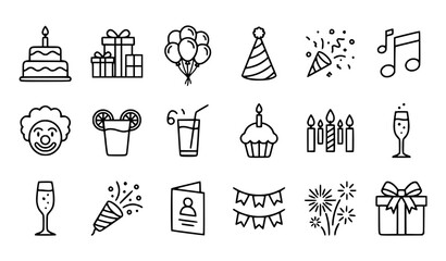 Fototapeta premium Birthday and Party Line Icon Set Celebration Vector Illustration