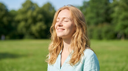 Naklejka premium Woman with Blonde Hair Smiling Toward the Sun