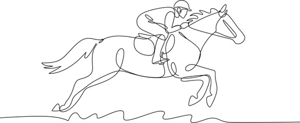 Obraz premium Continuous line drawing of a jockey on a racing horse, dynamic equestrian sport illustration.