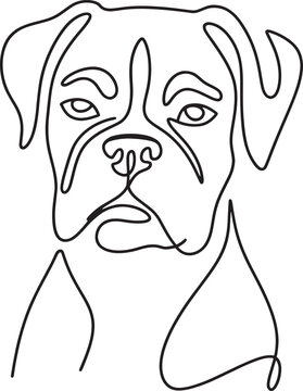 Minimalist boxer dog face continuous line drawing portrait of powerful domestic pet breed head art.