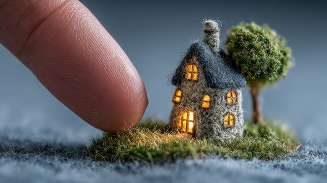 Finger pointing at a tiny felted miniature cottage on grass.