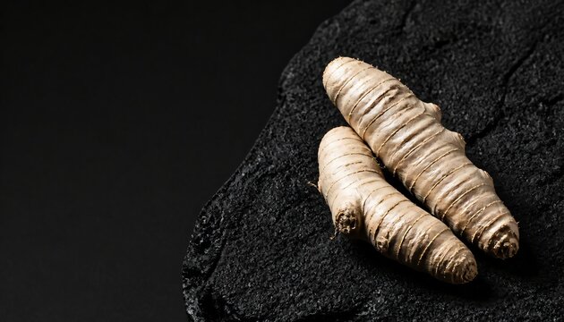 Gourmet Herb Advertisement of Pale Buff Amba Haldi Knobs on Raw Charcoal Block
