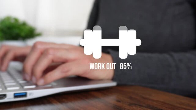 Close-up of a woman's hand working on a computer, pointing to a fill animation with a weight percentage counter and the word "Workout." Concept of training and physical exercise.