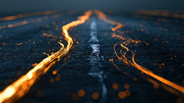 Fiery energy streams on a dark, wet road leading into the distance