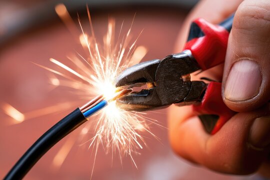 Sparks fly as wire cutters snip a live electrical cable in a workshop