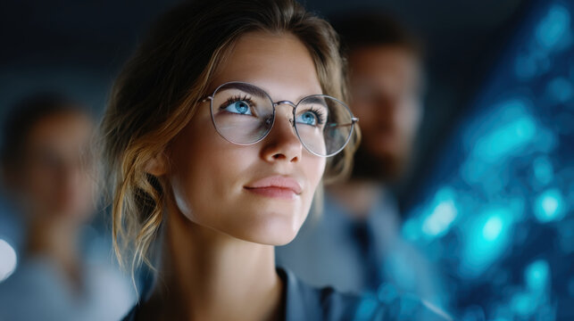 Female engineer team technology office glasses portrait blue light computer workplace coworker