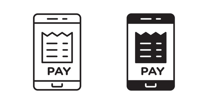 Online Payment icon Mobile payment and digital receipt icon set. Smartphone with electronic invoice and pay button vector illustration. Digital transaction and e-receipt icon in line and solid style. 