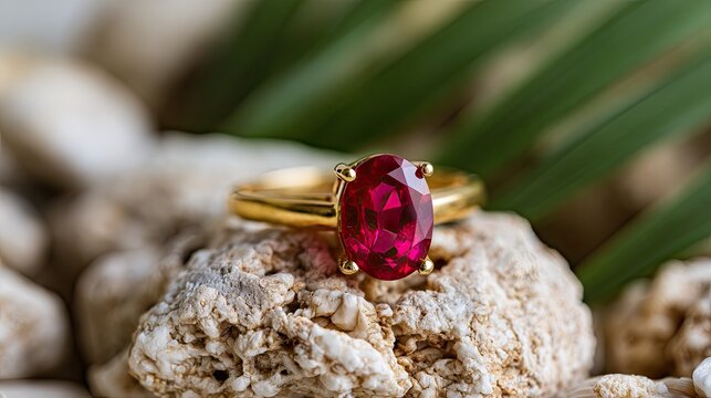 Elegant gold ring with a vibrant oval ruby gemstone on textured stones