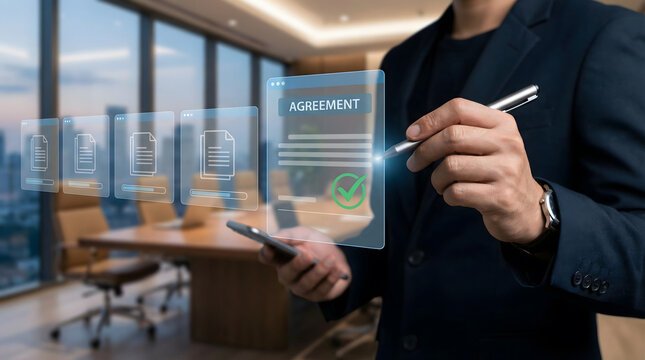 Man in dark suit using smartphone and digital holographic contracts in modern office environment emphasizing technology and business agreement concept