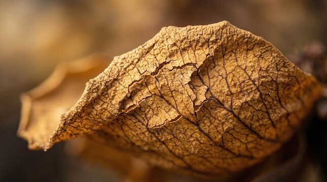 Extreme Macro of Cracked Dried Leaf Surface with Vein Network, Golden Autumn Texture