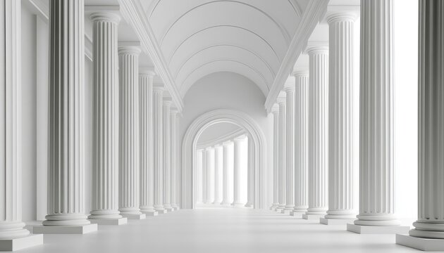 A grand, bright white, classical architectural corridor with columns