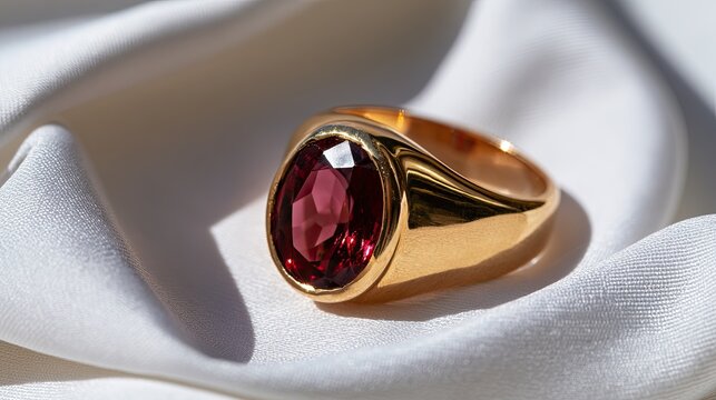 Luxurious oval red gemstone set in a polished gold ring on white satin