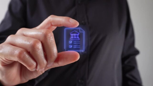 Close-up of a woman's hands holding a virtual bank document icon between her two fingers