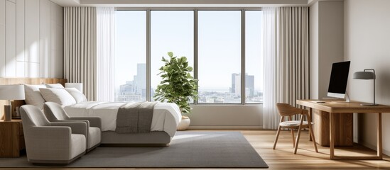 Fototapeta premium Modern bedroom with large windows, desk, and city view