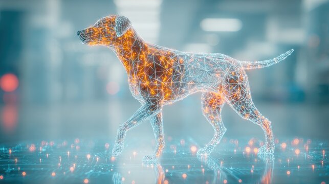 Digital canine wireframe hologram, glowing with orange energy, against a blurry background